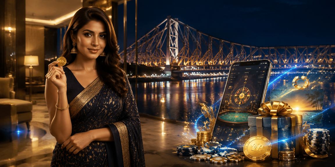 Kolkata vibrant casino setting with dynamic live games and background of Howrah Bridge